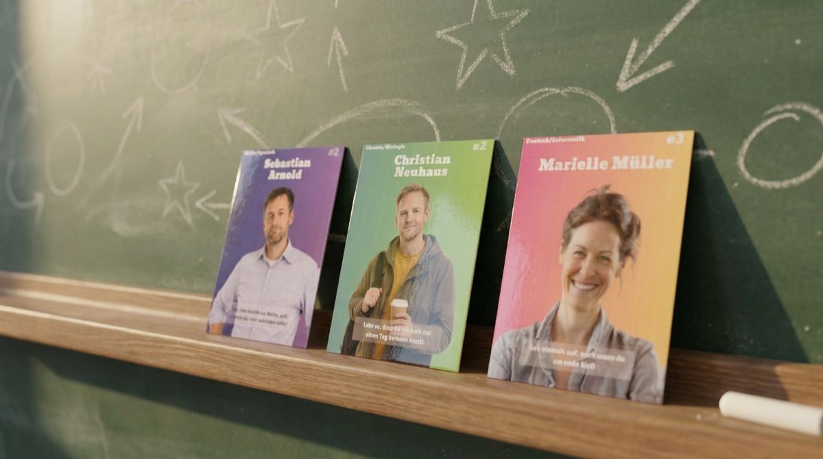 Symbolbild (mit KI erstellt): drei Lehrer-Sammelkarten an der Schultafel