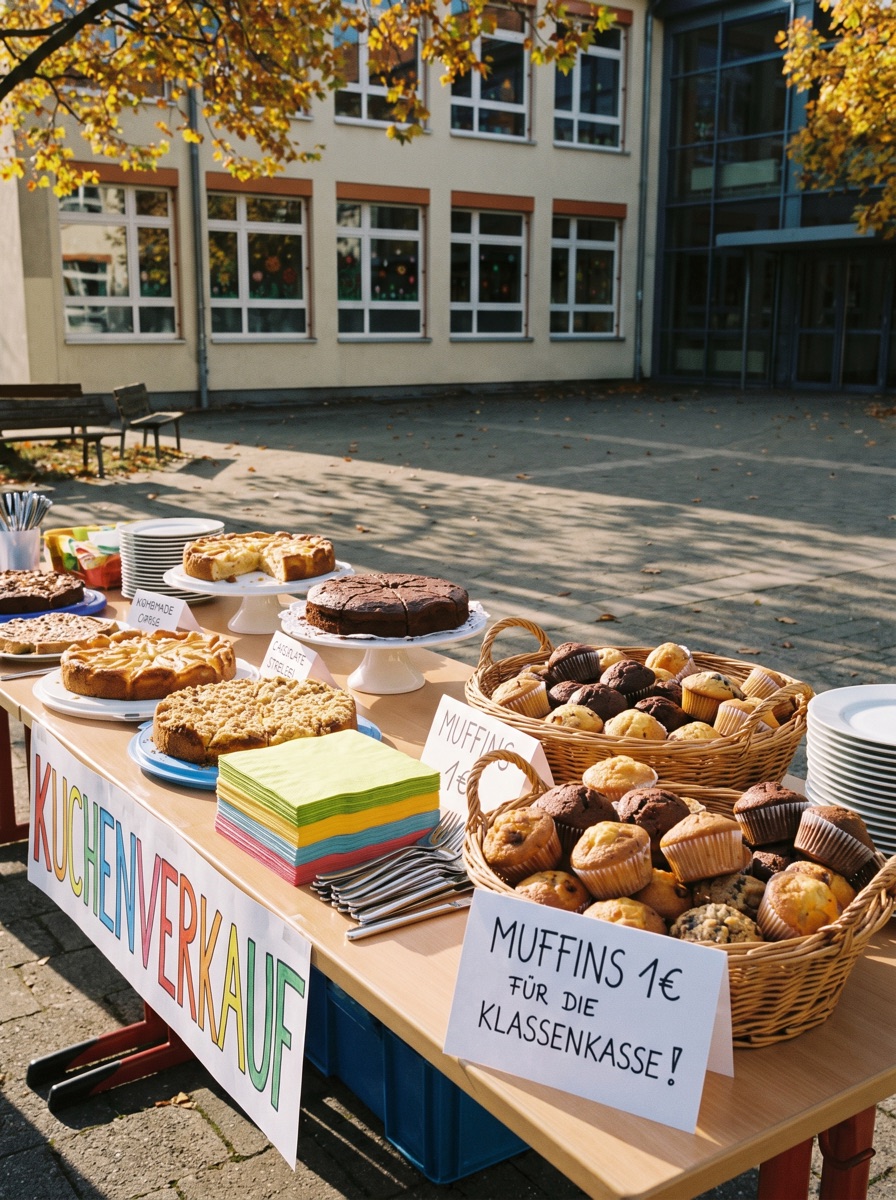 Symbolbild (mit KI erstellt): Kuchenverkauf-Stand in der Schule